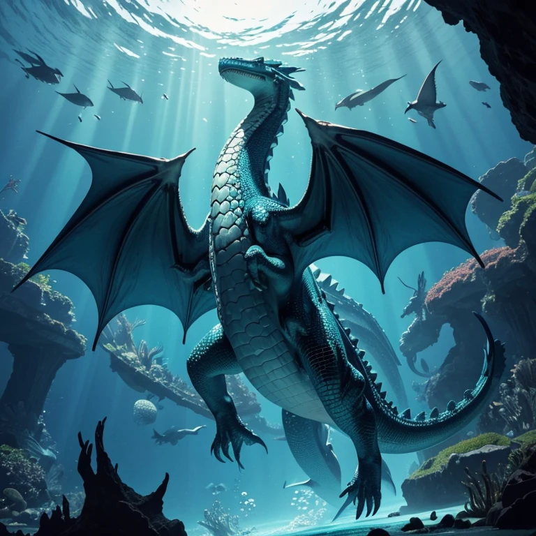 Underwater, deep underwater, ocean depths, looking up, aquatic dragon swimming above, looking at dragon from below, huge dragon, wings folded by sides, body like an alligator, large powerful tail, swimming with tail, breathtaking, gorgeous