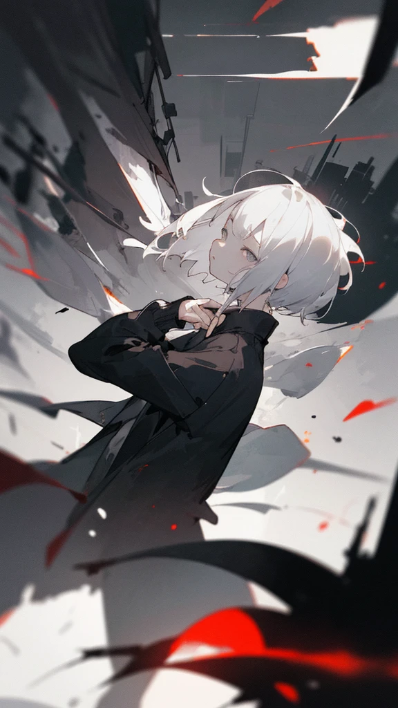 (masterpiece、highest quality)、Short nape hair、1 girl with very short white hair、Black cardigan、Grim expression、Grey Eyes、Warm lighting、 Blurred foreground、Deep in the night、High Contrast、night、In the city,it's,winter,Alone in the vast snowy field,whole body,curse,Looking at me,Huge construction,moon,snow,snow,Snow is falling