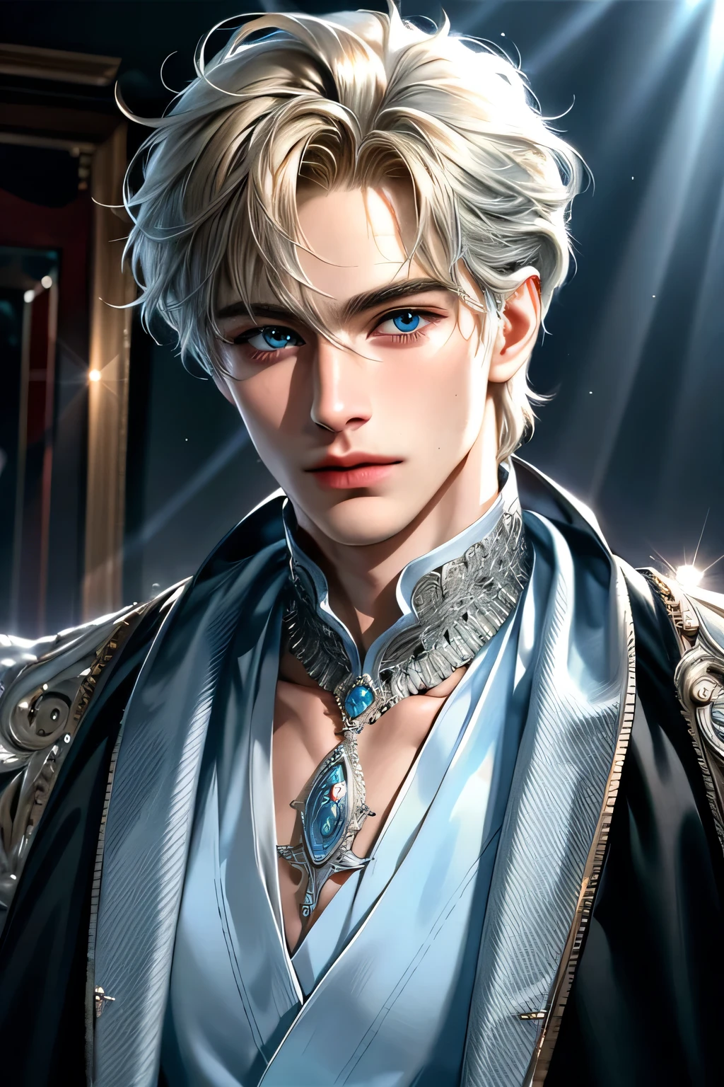 high quality, 8k, Ultra detailed, hdr, studio light, Masterpiece, Portrait of a standing man, Handsome face, Focus on your audience, young boy, head to feet，blondy hair, azure big beautiful blue eyes, closed mouth, silver jewelry, studio-light, messy hair, dynamic pose realistic, detailed and correct facial structure