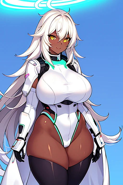 1girl, dark skin, dark-skinned female, white hair, long hair, yellow eyes, large breasts, breasts, thick thighs, wide hips, mature female, milf, tall, tall female, toned, toned female, smile, futurustic, science-fiction, machinery, tech, white clothes, white bodysuit, bodysuit, neon trim, neon, neon lights,