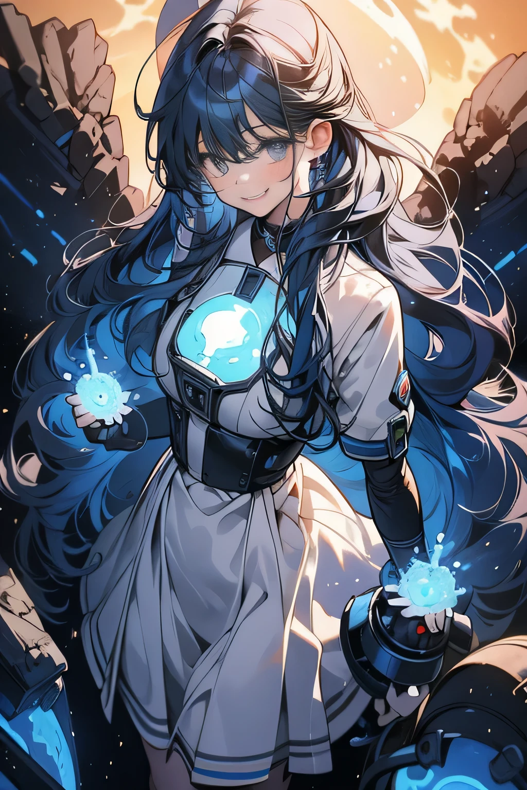 1girl, blue pighair, very long curly hair, engineer, robot scientist, double tailed hair, high quality, 8k, Ultra detailed, hdr, studio light, Masterpiece, a standing girl, cute face, Focus on your audience, head to feet, big beautiful grey eyes, smile, closed mouth, natural light, messy hair, dynamic pose realistic, detailed and correct facial structure