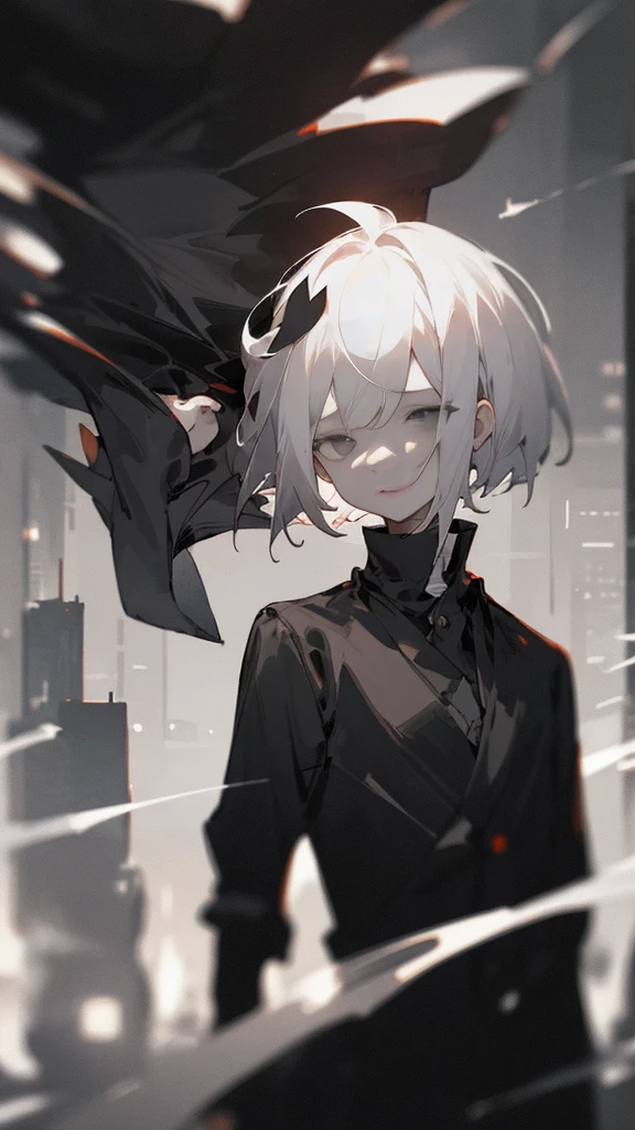 (masterpiece、highest quality)、Short nape hair、1 girl with very short white hair、Black cardigan、Grim expression、Grey Eyes、Warm lighting、 Blurred foreground、Deep in the night、High Contrast、night、In the city,it's snowing,Heavy snowfall,winter,Alone in the vast snowy field,whole body,curse,Looking at me,Huge construction,moon,blue sky