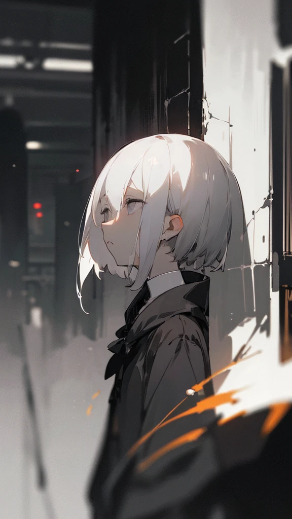 (masterpiece、highest quality)、Short nape hair、1 girl with very short white hair、Black cardigan、Grim expression、Grey Eyes、Warm lighting、 Blurred foreground、Deep in the night、High Contrast、night、In the city,it's snowing,Heavy snowfall,winter,Alone in the vast snowy field,whole body,curse,Looking at me,Huge construction,moon,blue sky
