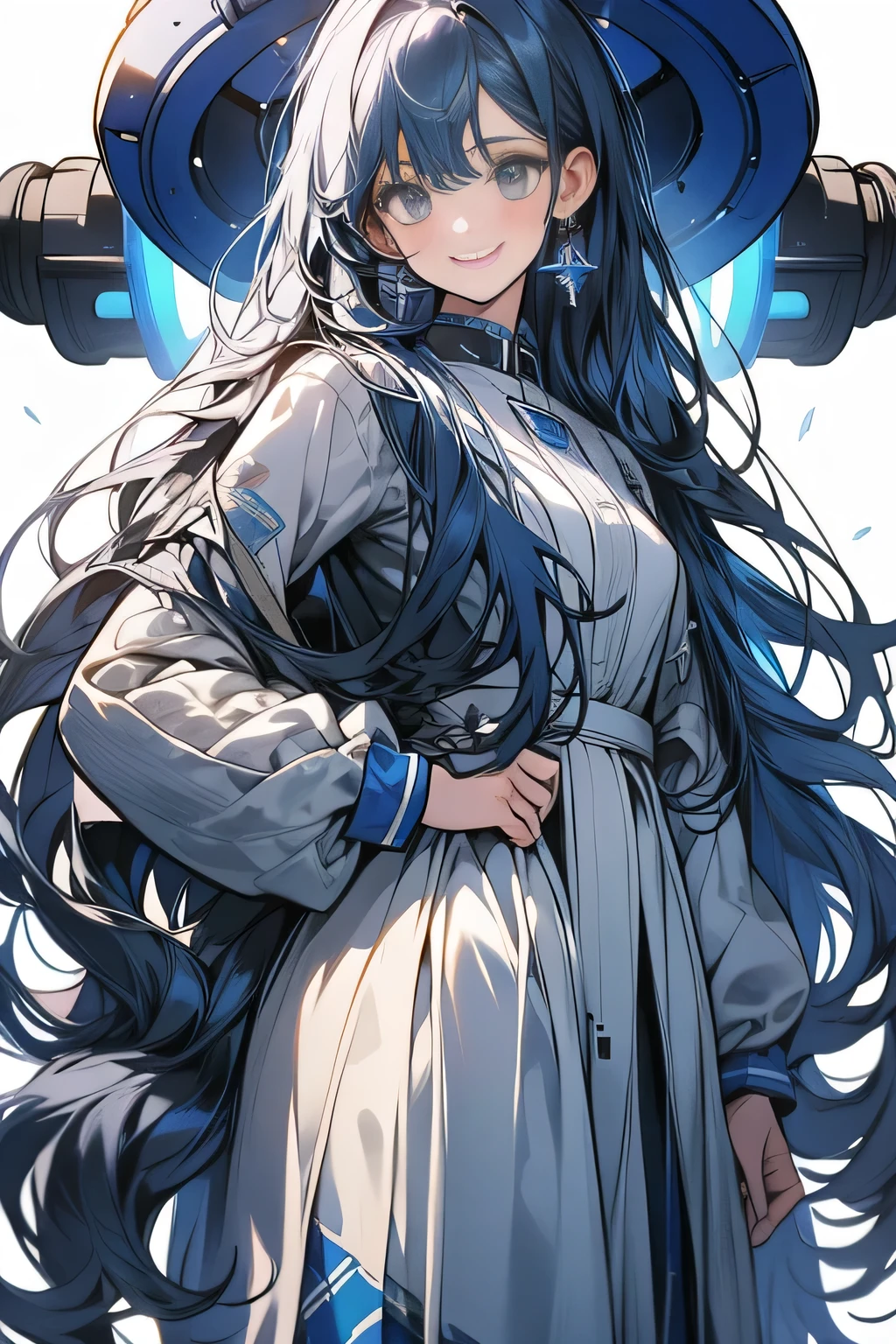 1girl, blue pighair, very long curly hair, engineer, robot scientist, double tailed hair, high quality, 8k, Ultra detailed, hdr, studio light, Masterpiece, a standing girl, cute face, Focus on your audience, head to feet, big beautiful grey eyes, smile, closed mouth, natural light, messy hair, dynamic pose realistic, detailed and correct facial structure