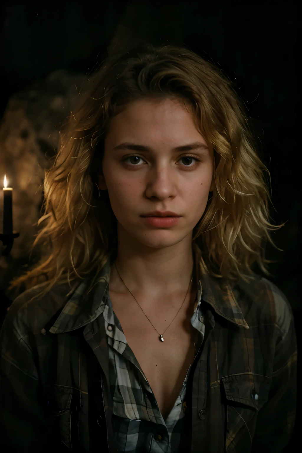 photograph of a woman, (troubled facial expression), textured skin, goosebumps, blonde afro hair, plaid flannel shirt with distressed boyfriend jeans, cowboy shot, dark and mysterious cave with unique rock formations and hidden wonders, perfect eyes, (candlelight,chiaroscuro), Porta 160 color, shot on ARRI ALEXA 65, bokeh, sharp focus on subject, shot by Don McCullin