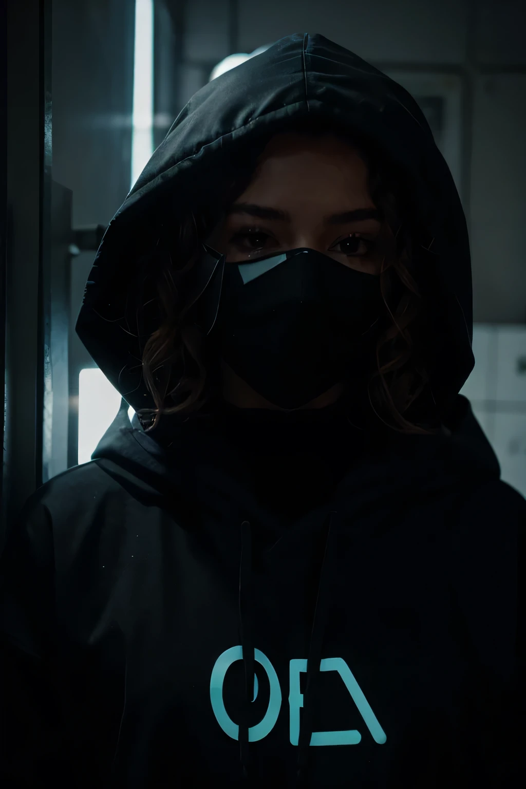 curly female character, in a hood, dark, cyberpuk, neon and mask