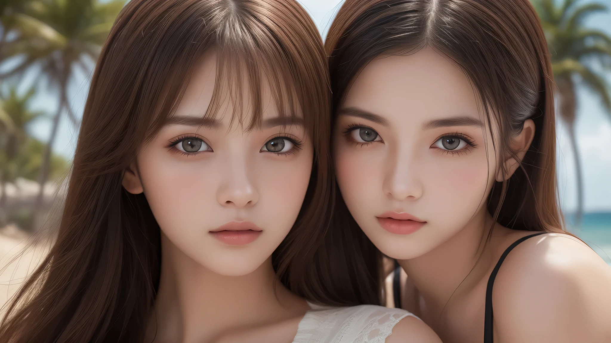 (2girl), (cleavage), (Best Quality:1.4), (Ultra-detailed), (extremely detailed beautiful face), brown eyes, (highly detailed Beautiful face), (extremely detailed CG unified 8k wallpaper), Highly detailed, High-definition raw color photos, Professional Photography, Realistic portrait, evening, Extremely high resolution, beach, Palm tree, (Fine face:1.2),