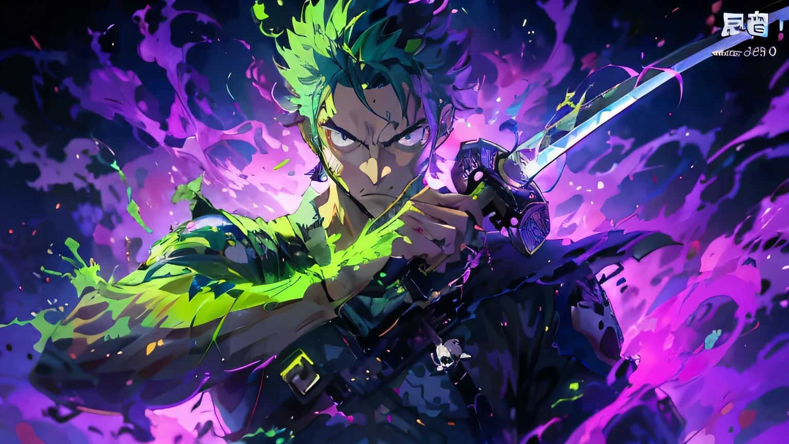 Close up of man holding sword on purple and green background, Solon, Anime 8 k, Anime epic artwork, style of anime4 K, Anime wallpaper 4 k, Anime wallpaper 4K, Epic anime style, profile picture 1024px, 4K anime wallpaper, anime wallaper, trigger anime artstyle