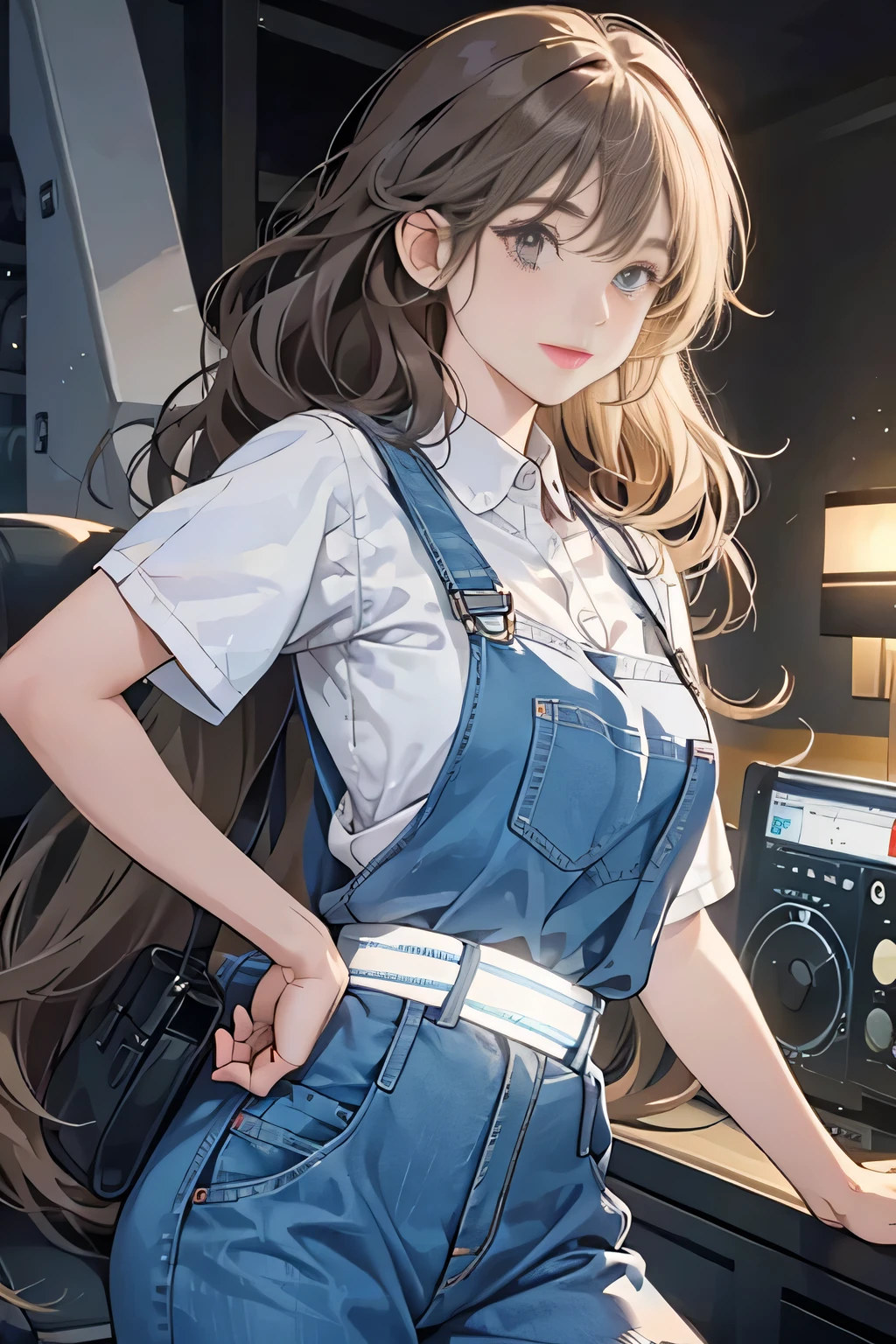1girl, light-sky blue twintail hair, very long curly hair, engineer, robot scientist, dungarees, high quality, 8k, Ultra detailed, hdr, studio light, Masterpiece, a standing girl, cute face, Focus on your audience, head to feet, big beautiful silver eyes, closed mouth, smile, natural light, messy hair, dynamic pose realistic, detailed and correct facial structure