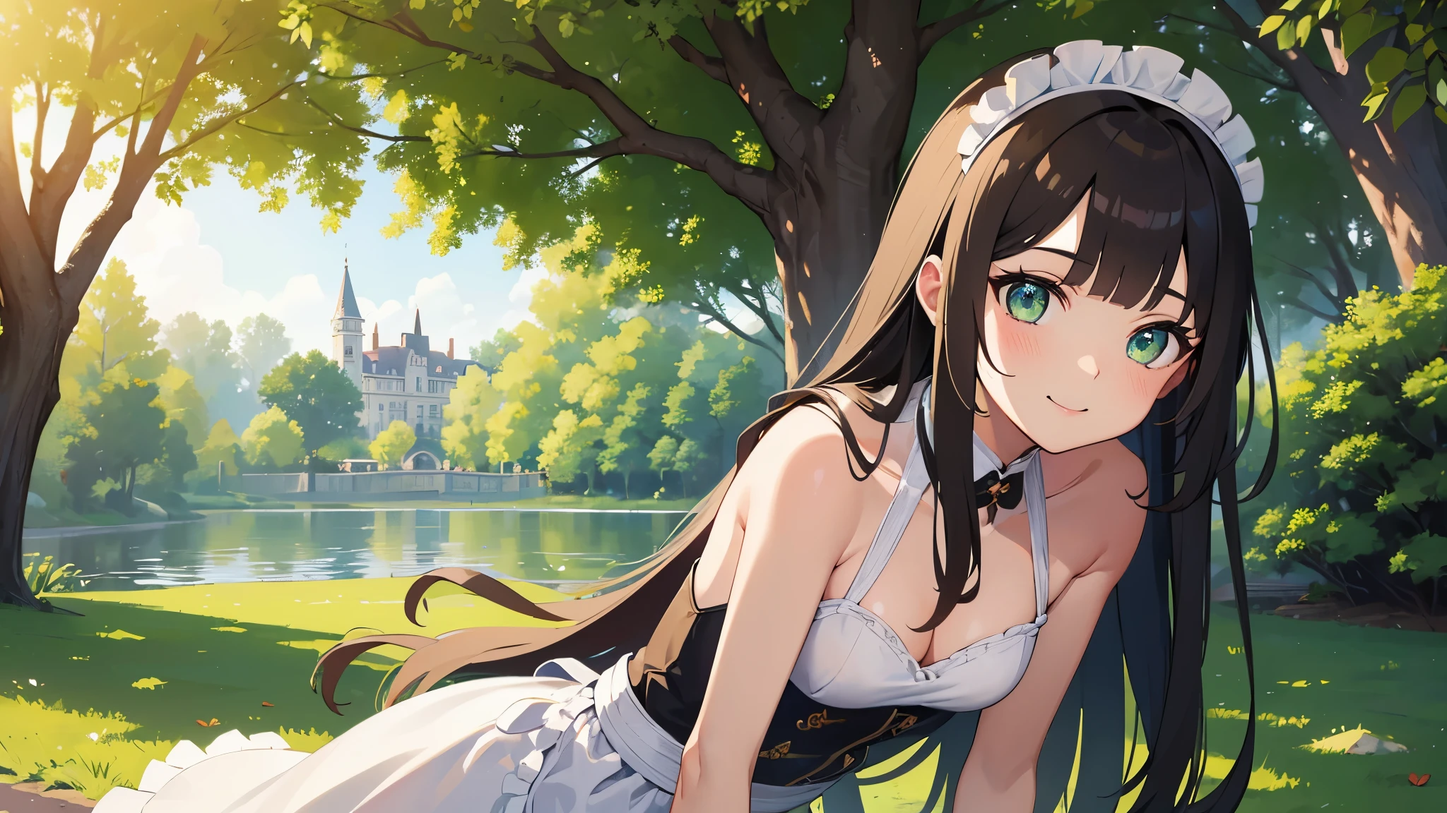 (masterpiece:1.3), (best quality:1.3), high resolution,
upper body,
leaning forward, body facing forward,
(one cute girl:1.3), solo,
white skin, small , eight-headed person,
light brown hair, long hair, straight hair, (blunt bangs:1.2), beautiful hair, green eyes, drooping eyes, beautiful detailed eyes,
cheerful smile,
maid,
outdoors, natural park, castle,
shadowlighting,