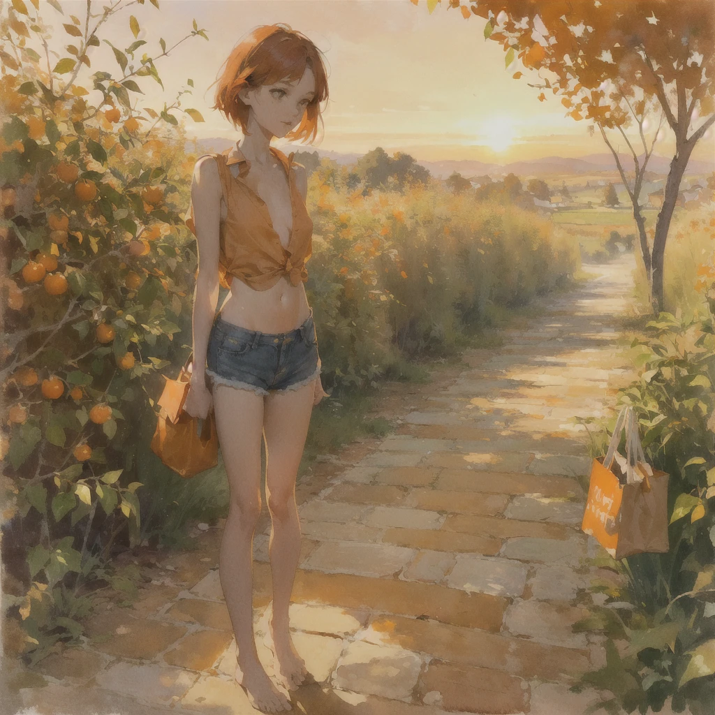 Beautiful slender thin exquisite (nude) (Girl 16 years old) (with a perfect southern type face) with short red hair (with tender beautiful big breasts with tender nipples) barefoot with bare thighs ((with red pubic hairs)) ((in an unbuttoned open light orange shirt over his naked body and short light orange shorts)) coming (along the brick road) in the middle of a flowering field (((with an orange bag))), in a gentle watercolor style, Discreet shades, sfumato, haze, diffused dim light, delicate mint shades, imitation of film photography, (olive and grape groves, Brick Road), (High image quality, Maximum detail), (sunset lighting, Warm evening shades, warm golden and olive sunset light)