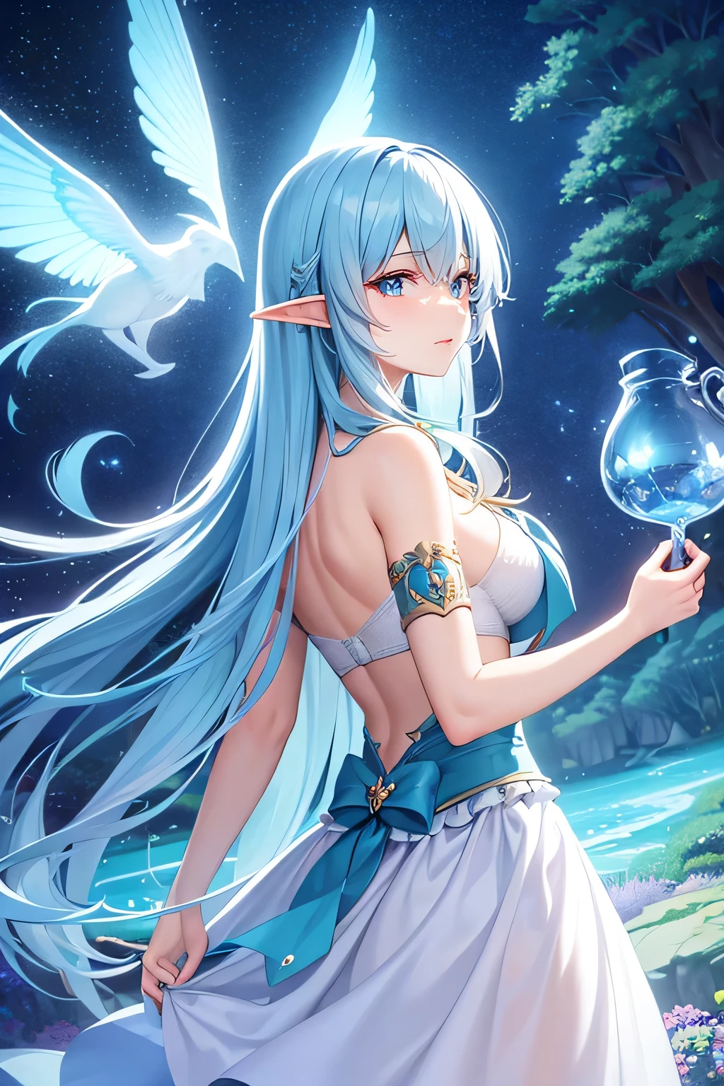 (a fantastical, magical elf),(vibrant colors),(dreamy landscape),(enchanted forest),(dazzling lights),(ethereal creatures),(mystical atmosphere),(whimsical details),(imagination come to life),(captivating artwork)