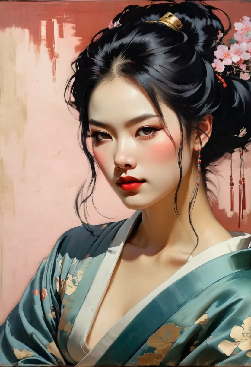 malcolm liepke painting on sensual illustration of an elegant samurai, riot games concept art beauty, eerie, the model draped in flowing, thick oil painting, extremely soft colors, vibrant, highly detailed, , oil on linen,  high contrast, dramatic, refined, tonal, Simple painting style,sumi-e,Chinese style painting techniques,soio,anime concept art