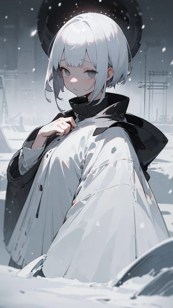 (masterpiece、highest quality)、Short nape hair、1 girl with very short white hair、Black cardigan、Grim expression、Grey Eyes、Warm lighting、 Blurred foreground、Deep in the night、High Contrast、night,snowing,Heavy snowfall,winter,Alone in the vast snowy field,whole body,curse,Looking at me,Huge construction,moon