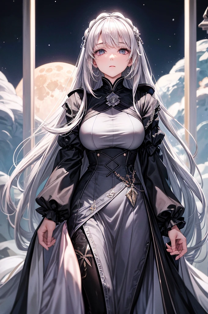 masterpiece, Amazing girl, full moon night, 1 female, Mature woman, elder sister, Royal elder sister, Cold Face, Expressionless, Silver-white hair woman, Light pink lips, calm, Intellectuals, Three-banded grey eyes, Assassin&#39;s Dagger, Flower ball background, Card Details, Finger details, Facial details, Eye details,