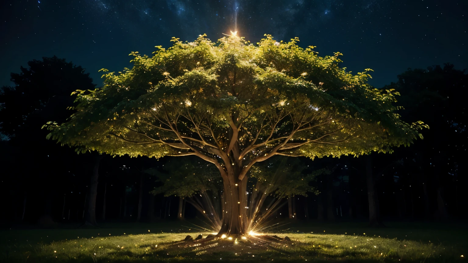 Imagine an ancestral tree, whose roots plunge deep into the sacred soil and whose branches reach up to the starry firmament. At night, it glows with a golden light, its leaves are a mosaic of shimmering colors that dance to the whisper of the cosmic wind. This is the Tree of Life, a symbol of connection between heaven and earth, a portal to other worlds and dimensions. Beneath its canopy, beings of pure light celebrate the eternal dance of existence.