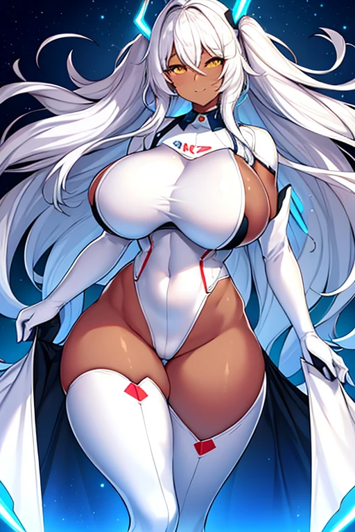 1girl, dark skin, dark-skinned female, white hair, long hair, yellow eyes, large breasts, breasts, thick thighs, wide hips, mature female, milf, tall, tall female, toned, toned female, smile, futurustic, science-fiction, machinery, tech, white clothes, white bodysuit, bodysuit, neon trim, neon, neon lights,