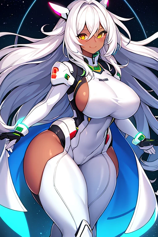1girl, dark skin, dark-skinned female, white hair, long hair, yellow eyes, large breasts, breasts, thick thighs, wide hips, mature female, milf, tall, tall female, toned, toned female, smile, futurustic, science-fiction, machinery, tech, white clothes, white bodysuit, bodysuit, neon trim, neon, neon lights,