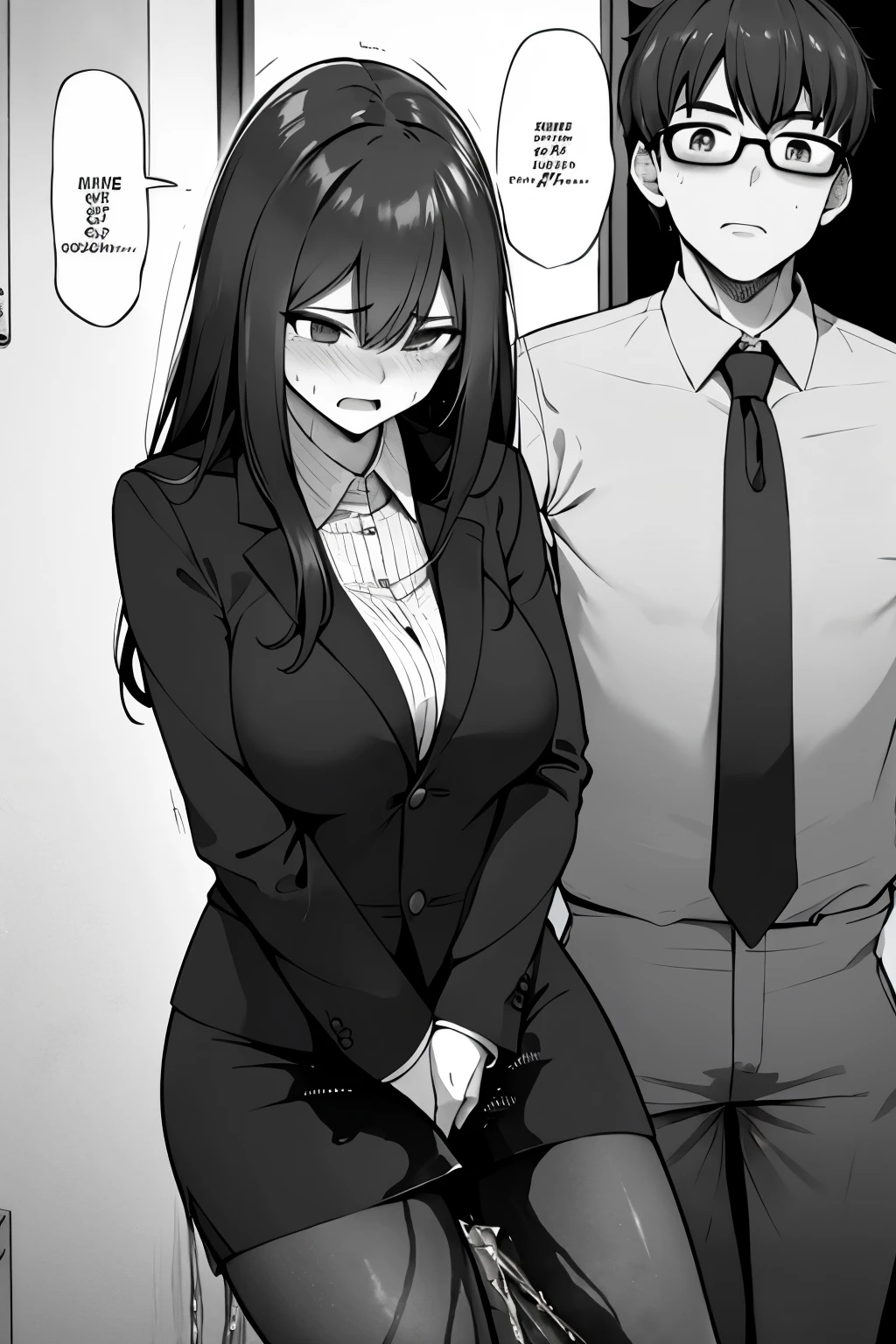 A woman with long black hair, wearing a business outfit consisting of a suit, pencil skirt, and pantyhose, stands in a monochrome setting. The artwork is inspired by manga and incorporates a doujin style. The woman appears to be (wetting herself:1.5), which causes her to feel embarrassed and humiliated, resulting in a blush on her face. In addition, there is an air of anger in her expression. The lighting in the scene is moody, with a spotlight highlighting the woman's figure. She is crossing her arms, (arms crossed:1.5), fully showcasing her skirt., medium breasts