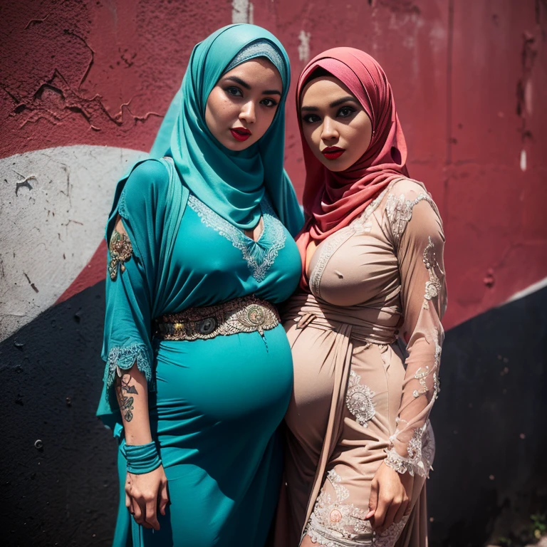 Hijab Malaysian girl pregnant 9 month,Largest Baby Bump pregnant, Largest , Big pregnant Belly, Big Pregnant girl, Largest Belly of Pregnant, Beautiful woman, beautiful face, pregnant, long hair, black hair, realistic, ultra-detailed, big breast, malay, The whole body consists of a young girl with hijab, Eye makeup, 21yo, Cat ears, Soft lighting, groups, Wear shabby clothes, Dirty, Tattered futuristic military uniform, Cat's paw badge, Pose, spot color, rendering by octane, Ultra-realistic intricate details, Cinematic, 8K resolution, 70mm, emphasis lightings, (((Huge breast)))(((wearing sexy kebaya))) PERFECT HIJAB & Sexy kebaya dress (((2 girls:1.5, girls standing))) Setting background: Basquiat graffiti wall background,Graffiti artist, urban walls, spray paint cans, bold colors, rebellious strokes, street gallery, artistic , night shadows, public expression, aerosol mastery, layered stencils, cultural messages, graffiti tags, creative risks, vibrant visuals, underground recognition, impactful designs, urban transformation. Art by Mschiffer (((Red lips))) (((only: pubic hair is hairy:1.3))) (((wearing a Sexy belt design by LV))) Full Naked & nude, bride very fit physique (38D breast:1.3) , (((Woman with hijab style, hijab and kebaya dress)), (lace stockings), (((Wearing: diamond necklace and earrings))). RAW photo, full sharp, detailed face (high detailed skin:1.2), 8k uhd, dslr, soft lighting, high quality, film grain, Fujifilm XT3, (extremely beautiful face, sexy lips, beautiful red lips, Clear eyes, beautiful eyes), (big green eyes), pretty girl, face forward, intricate detail face, ((ultra detailed skin)) (skin texture, film grain), Detailed beautiful face, natural tpose, natural facial expression, (((large breasts))),