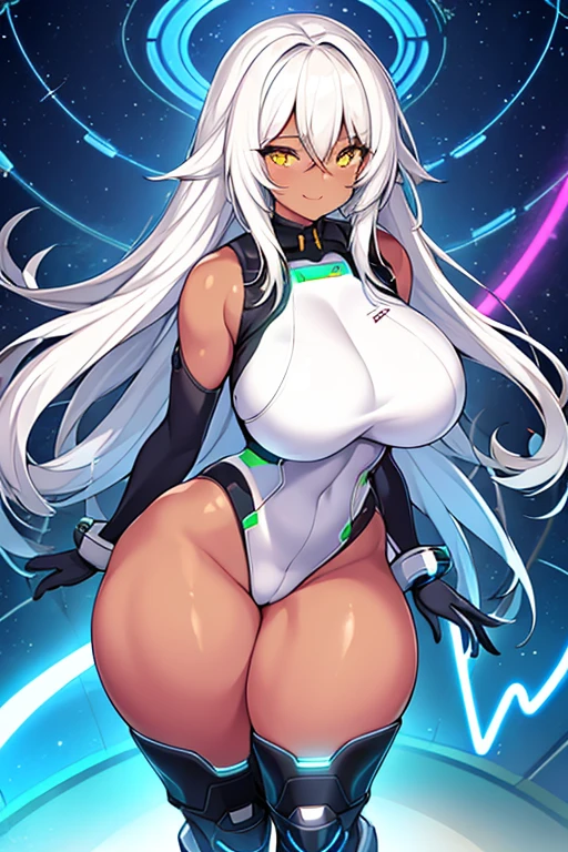 1girl, dark skin, dark-skinned female, white hair, long hair, yellow eyes, large breasts, breasts, thick thighs, wide hips, mature female, milf, tall, tall female, toned, toned female, smile, futurustic, science-fiction, machinery, tech, white clothes, white bodysuit, bodysuit, neon trim, neon, neon lights,