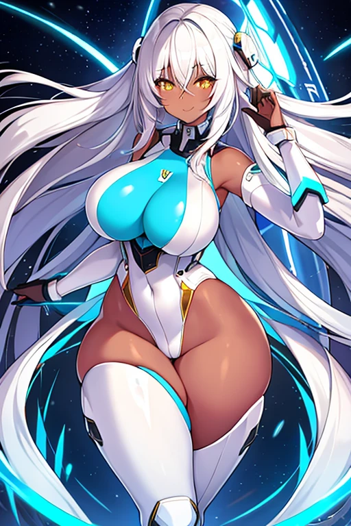 1girl, dark skin, dark-skinned female, white hair, long hair, yellow eyes, large breasts, breasts, thick thighs, wide hips, mature female, milf, tall, tall female, toned, toned female, smile, futurustic, science-fiction, machinery, tech, white clothes, white bodysuit, bodysuit, neon trim, neon, neon lights,