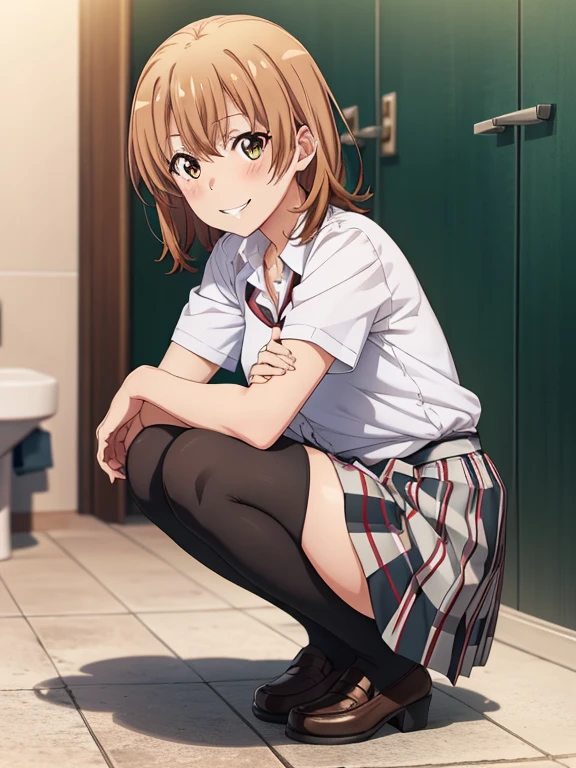 ((masutepiece, Best Quality, hight resolution, nffsw, Perfect Pixel, depth of fields, 4K, )), 1girl in, Solo, , Beautiful anime girl, Beautiful Art Style, 
squatting:1.3, bathroom background, Looking at viewer,
Perfect body, smile face, show teeth, 

isshiki iroha, medium breasts, Full face blush, black stockings, school uniform:1.3, 
straight-on:1.3, medium shot