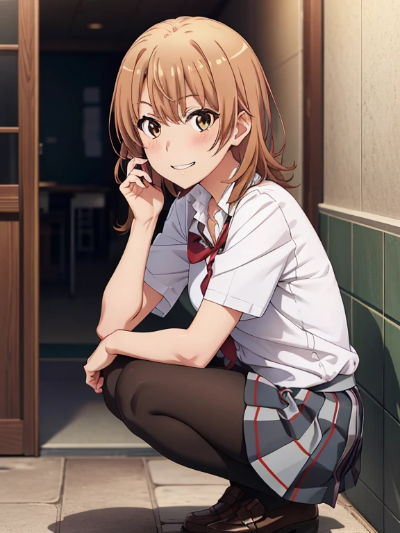 ((masutepiece, Best Quality, hight resolution, nffsw, Perfect Pixel, depth of fields, 4K, )), 1girl in, Solo, , Beautiful anime girl, Beautiful Art Style, 
squatting:1.3, bathroom background, Looking at viewer,
Perfect body, smile face, show teeth, 

isshiki iroha, medium breasts, Full face blush, black stockings, school uniform:1.3, 
straight-on:1.3, medium shot