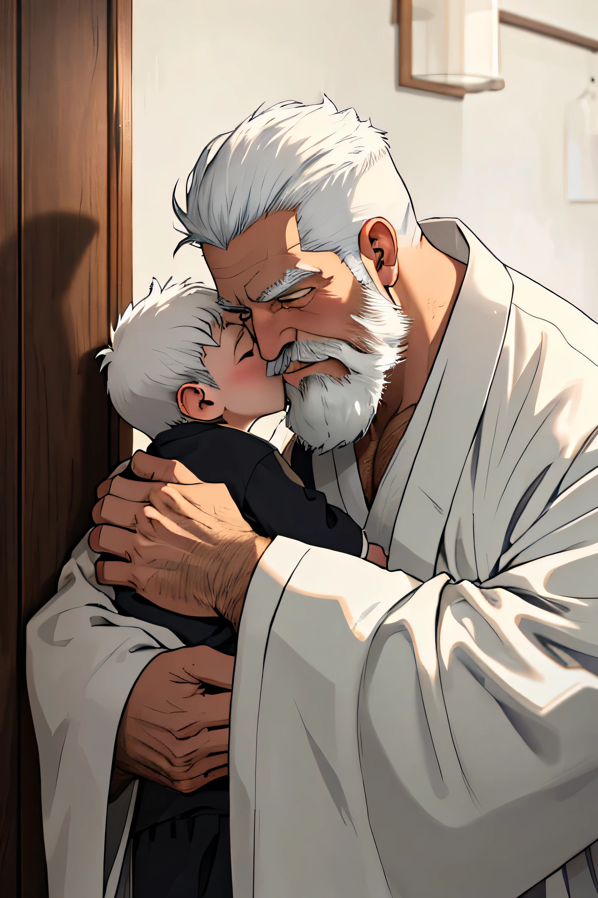 An old man with a beard in a white robe，Holding a little boy and kissing him