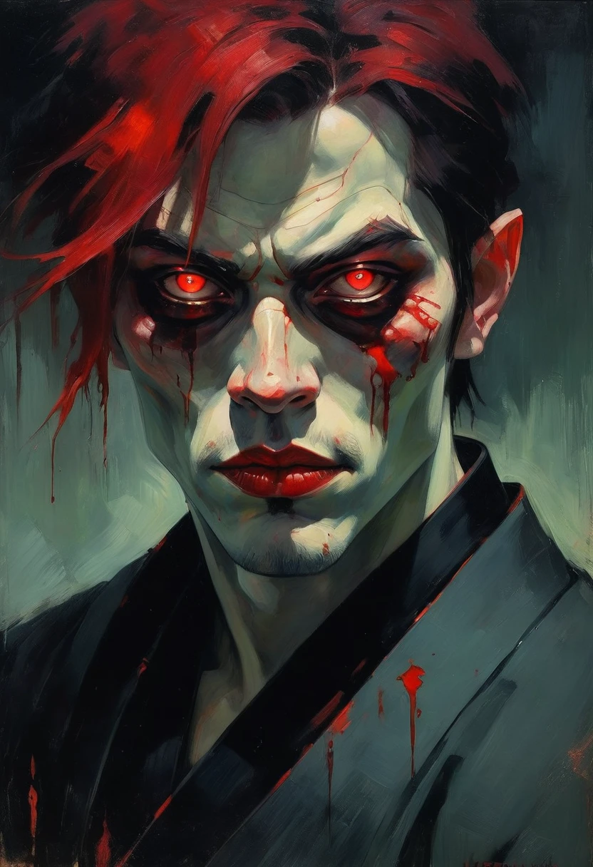 malcolm liepke painting on sensual illustration of an elegant samurai, riot games concept art beauty, eerie, the model draped in flowing, thick oil painting, extremely soft colors, vibrant, highly detailed, , oil on linen, high contrast, dramatic, refined, tonal, a close up of a man with a bloody face and red eyes, with glowing red eyes, with red glowing eyes, red glowing eyes, portrait demon half human, red eyes glowing, glowing red eyes, cyborg zombie, scary look, portrait of a zombie, with red eyes, zombie with white eyes, evil zombie, red - eyed, red-eyed
