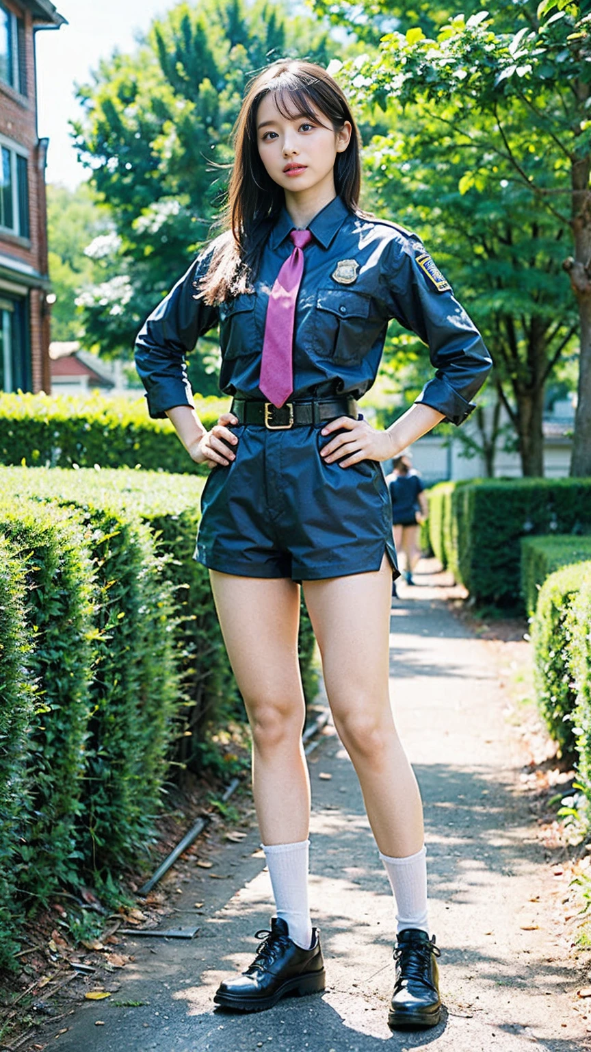 (8k、RAW Photos、highest quality、masterpiece:1.2)、(Realistic、Realistic)、1 girl、((pink and black police uniform、Shorts、、Big Breasts、I can see your chest、View from the front、belt、Knee socks、、Stand with hands on hips、In the city))、