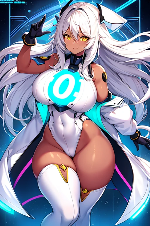1girl, dark skin, dark-skinned female, white hair, long hair, yellow eyes, large breasts, breasts, thick thighs, wide hips, mature female, milf, tall, tall female, toned, toned female, smile, futurustic, science-fiction, machinery, tech, white clothes, white bodysuit, bodysuit, neon trim, neon, neon lights,
