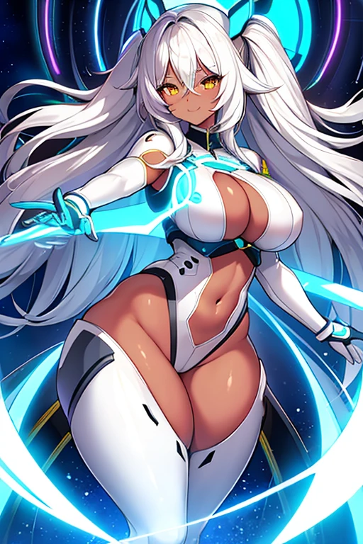 1girl, dark skin, dark-skinned female, white hair, long hair, yellow eyes, large breasts, breasts, thick thighs, wide hips, mature female, milf, tall, tall female, toned, toned female, smile, futurustic, science-fiction, machinery, tech, white clothes, white bodysuit, bodysuit, neon trim, neon, neon lights,