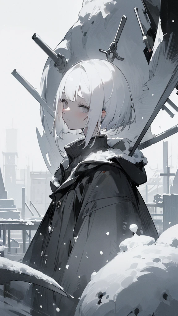 (masterpiece、highest quality)、Short nape hair、1 girl with very short white hair、Black cardigan、Grim expression、Grey Eyes、Warm lighting、 Blurred foreground、Deep in the night、High Contrast、night,snowing,Heavy snowfall,winter,Alone in the vast snowy field,whole body,curse,Looking at me,Huge construction,moon