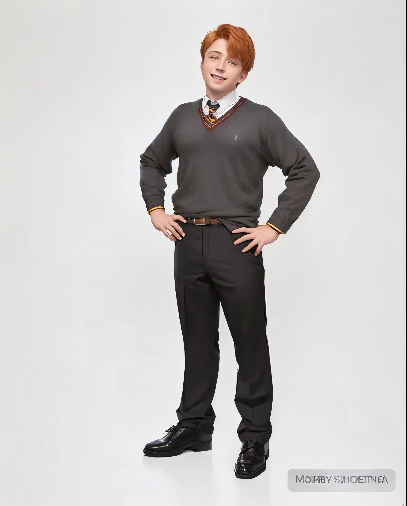 Araafed boy in Harry Potter sweater and tie posing for a photo, Ron Weasley, SORRISO ENVERGONHADO, MAGRO, ainda promocional, promotion still, foto de corpo inteiros, imagem promocional, Vestindo a , magic , foto de corpo inteiro, Vestindo , corpo inteiro com fantasia, fotografia de corpo inteiro, imagem promocional, magic school student uniform, promo image, in costume