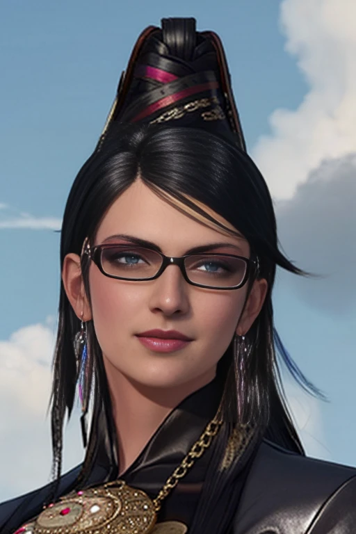 score_9, score_8_up, score_7_up, score_6_up, score_5_up, 1girl, Bayonetta, 1girl, solo, long hair, looking at viewer, smile, short hair, blue eyes, jewelry, earrings, sky, black hair, glasses, lips, makeup, lipstick, eyeshadow, black-framed eyewear, alternate hair length, amulet (insanely detailed, beautiful detailed face, masterpiece, best quality) 