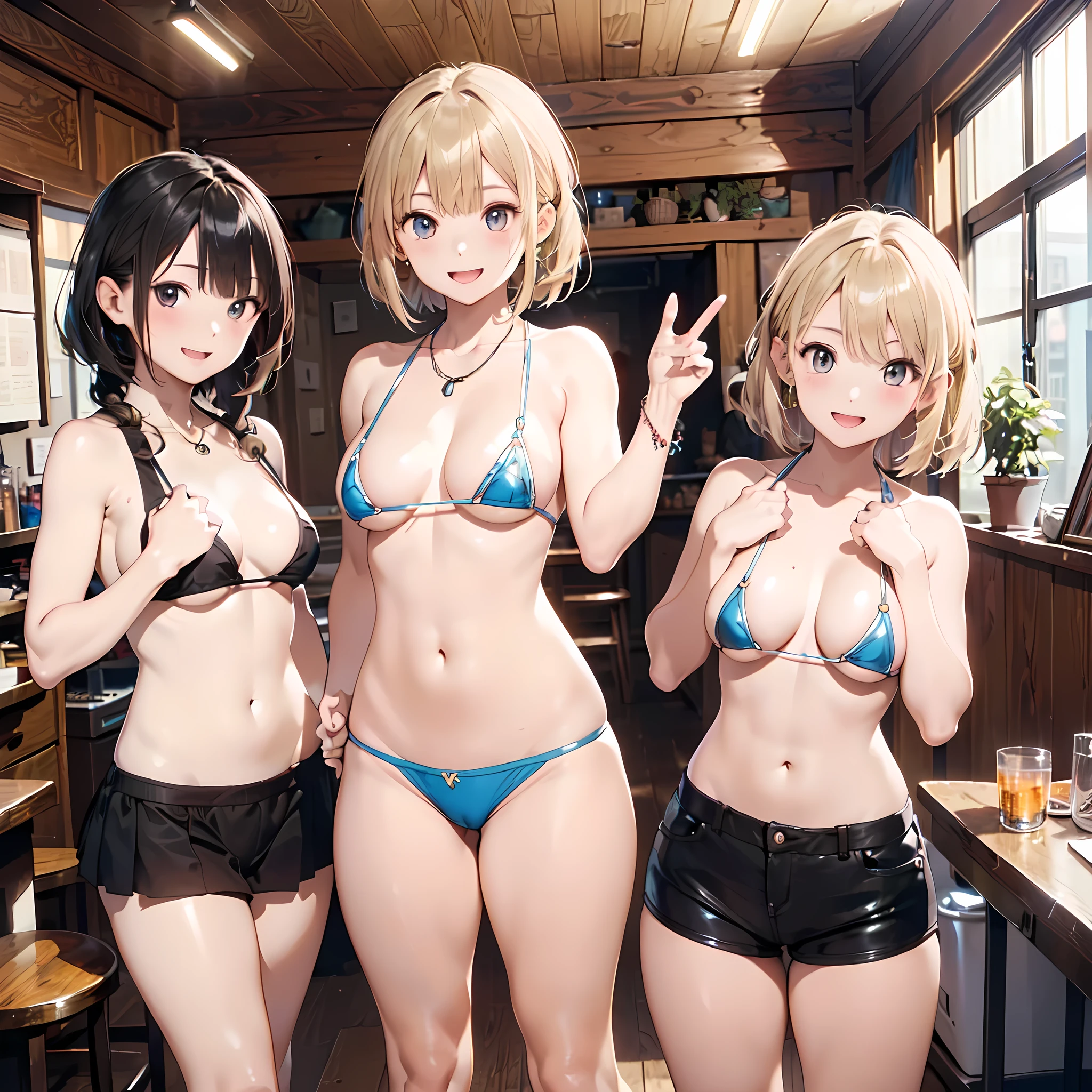 ((masterpiece, best quality, ultra quality, high quality, hyper detailed, intricate detailed, perfect anatomy, shiny skin, cowboy shot,)), (3women are posing for a camera), Laughing with your mouth open, brown hair, blond hair, navel, jewelry, looking at viewer, necklace, long hair, short hair, Abdominal muscles,