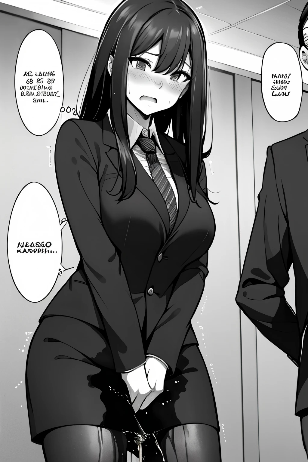 A woman with long black hair, wearing a business outfit consisting of a suit, pencil skirt, and pantyhose, stands in a monochrome setting. The artwork is inspired by manga and incorporates a doujin style. The woman appears to be (wetting herself:1.5), which causes her to feel embarrassed and humiliated, resulting in a blush on her face. In addition, there is an air of anger in her expression. The lighting in the scene is moody, with a spotlight highlighting the woman's figure. She is crossing her arms, (arms crossed:1.5), fully showcasing her skirt., medium breasts