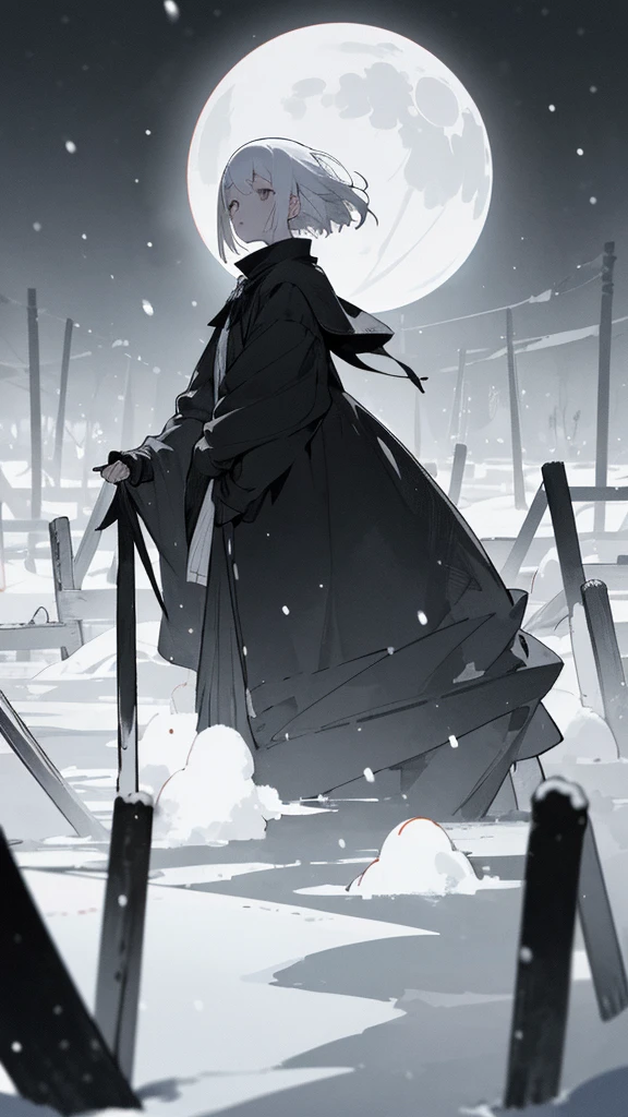 (masterpiece、highest quality)、Short nape hair、1 girl with very short white hair、Black cardigan、Grim expression、Grey Eyes、Warm lighting、 Blurred foreground、Deep in the night、High Contrast、night,snowing,Heavy snowfall,winter,Alone in the vast snowy field,whole body,curse,Looking at me,Huge construction,full moon