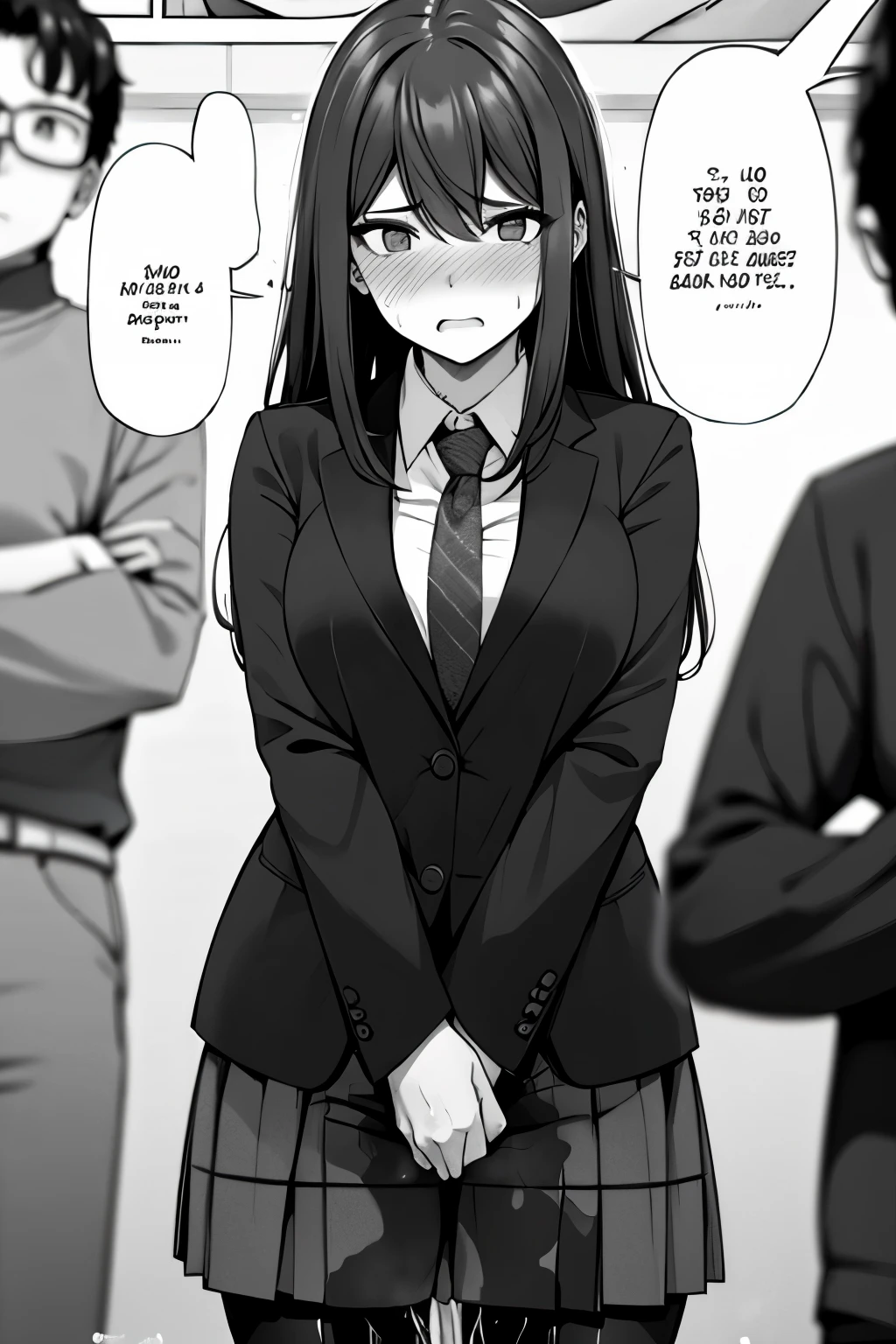 A woman with long black hair, wearing a business outfit consisting of a suit, pencil skirt, and pantyhose, stands in a monochrome setting. The artwork is inspired by manga and incorporates a doujin style. The woman appears to be (wetting herself:1.5), which causes her to feel embarrassed and humiliated, resulting in a blush on her face. In addition, there is an air of anger in her expression. The lighting in the scene is moody, with a spotlight highlighting the woman's figure. She is crossing her arms, (arms crossed:1.5), fully showcasing her skirt., medium breasts