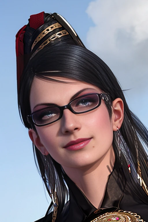 score_9, score_8_up, score_7_up, score_6_up, score_5_up, 1girl, Bayonetta, 1girl, solo, long hair, looking at viewer, smile, short hair, blue eyes, jewelry, earrings, sky, black hair, glasses, lips, makeup, lipstick, eyeshadow, black-framed eyewear, alternate hair length, amulet (insanely detailed, beautiful detailed face, masterpiece, best quality) 