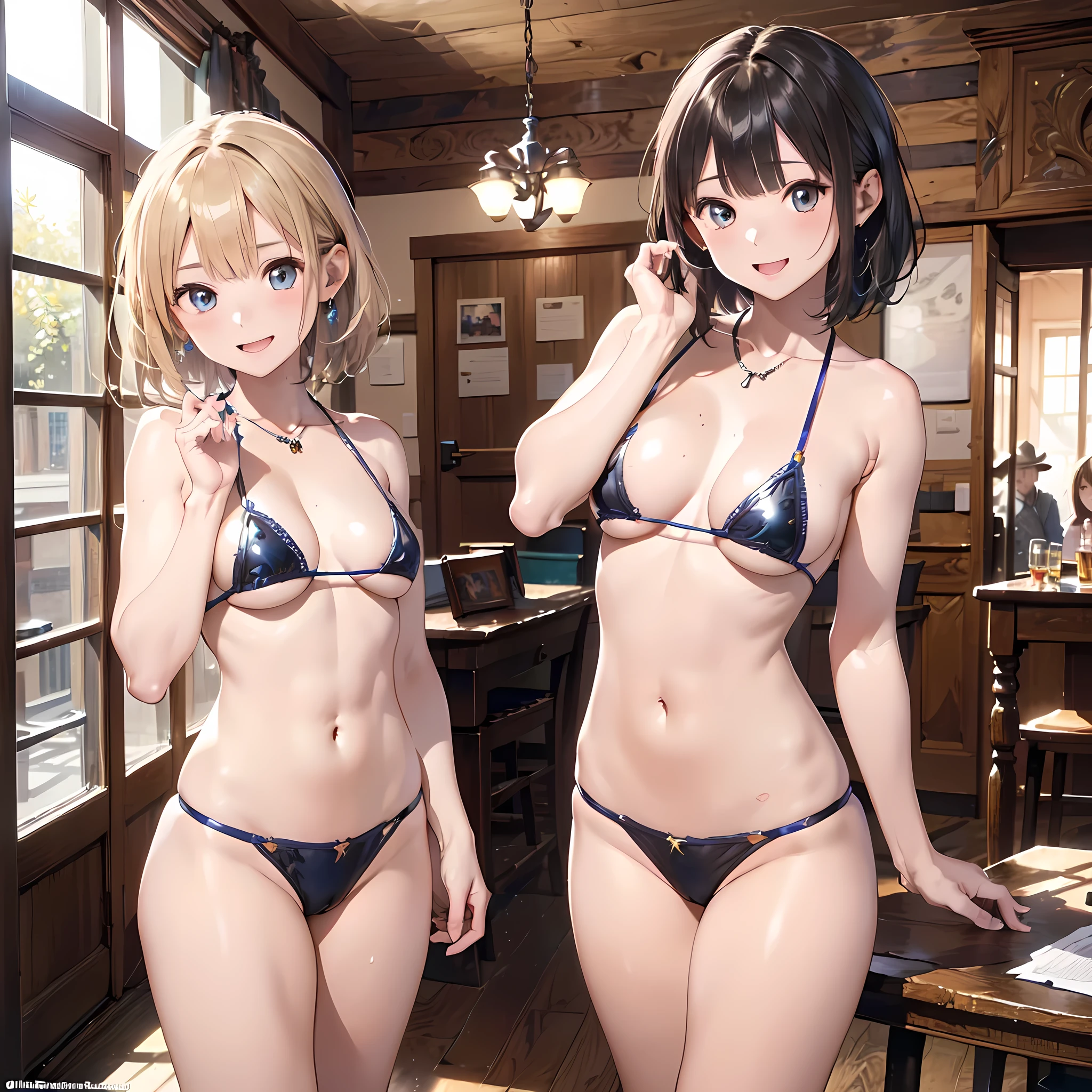 ((masterpiece, best quality, ultra quality, high quality, hyper detailed, intricate detailed, perfect anatomy, shiny skin, cowboy shot,)), (3women are posing for a camera), Laughing with your mouth open, brown hair, blond hair, navel, jewelry, looking at viewer, necklace, long hair, short hair, Abdominal muscles,