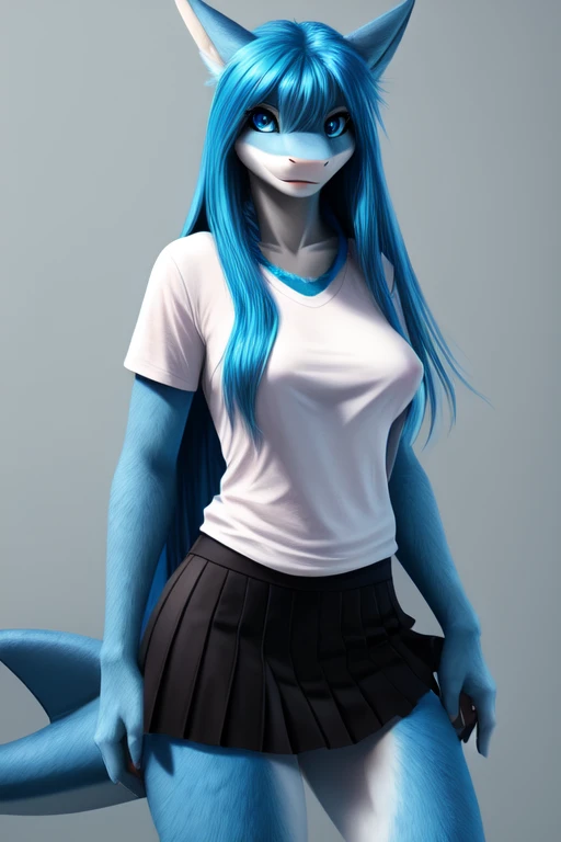 Female, anthro shark, shark furry, standing, perfect, realistic looking, fur body, fur all over, bioluminescent markings, very long hair, long blue hair, blue eyes, white T-shirt, skirt, full breast,