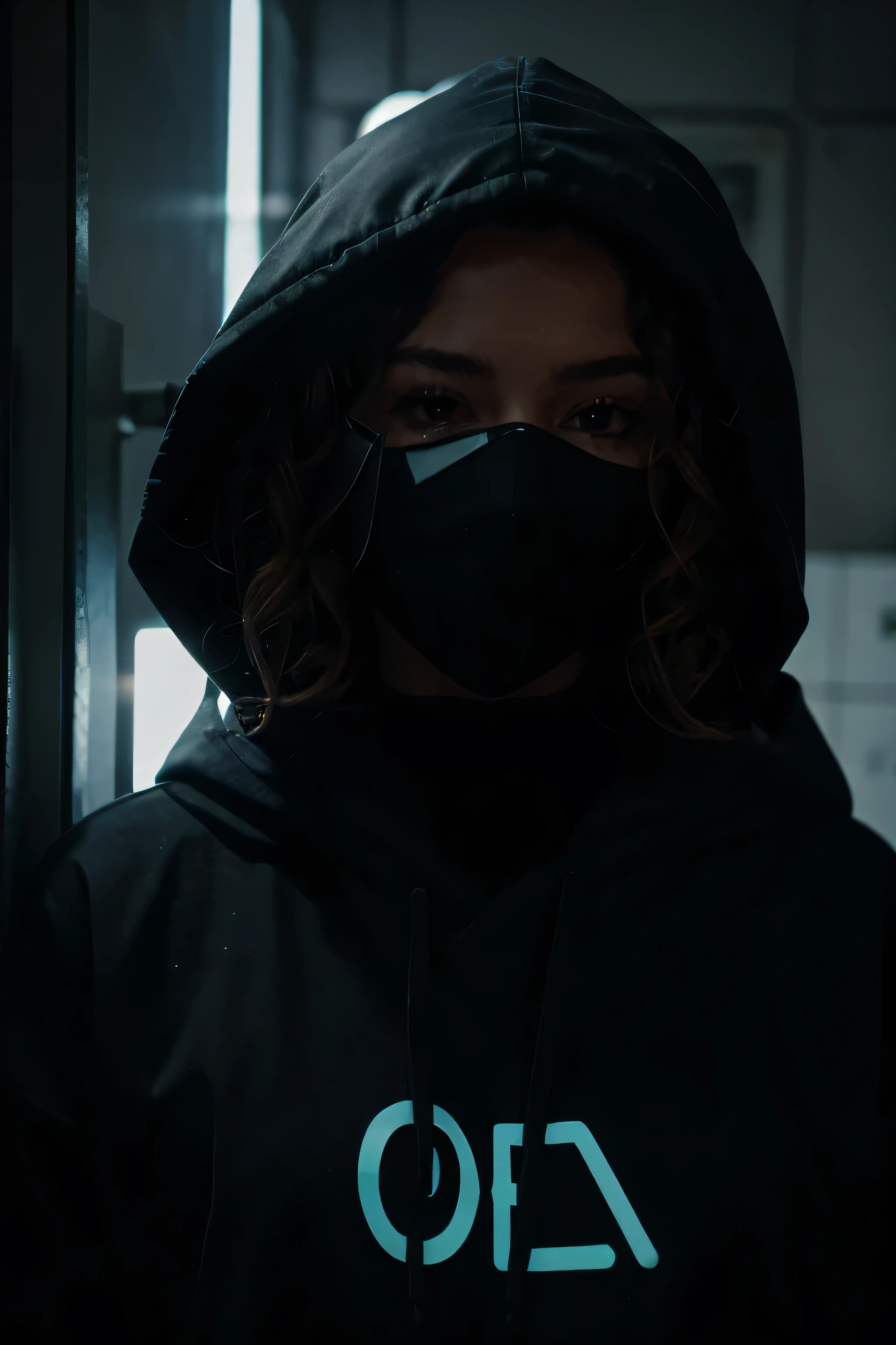 curly female character, in a hood, dark, cyberpuk, neon and mask