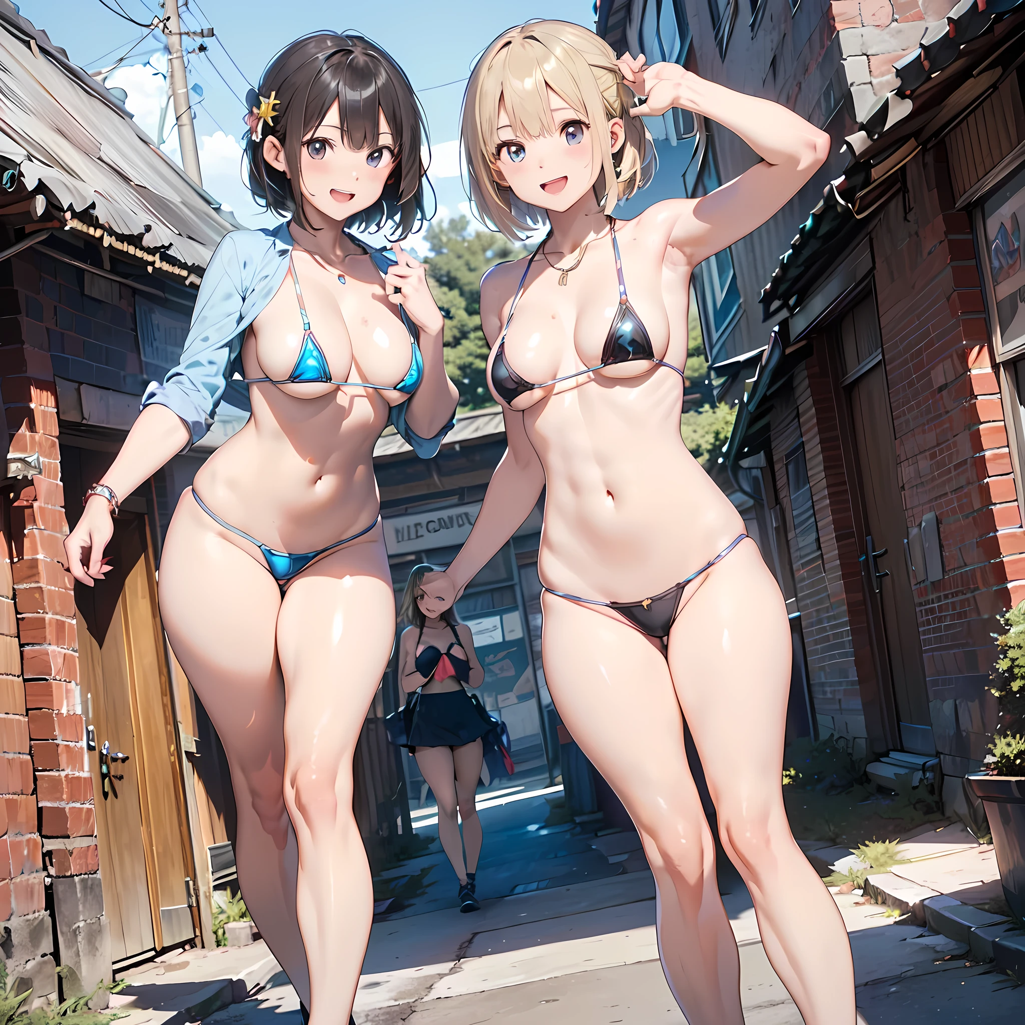 ((masterpiece, best quality, ultra quality, high quality, hyper detailed, intricate detailed, perfect anatomy, shiny skin, cowboy shot,)), (3women are posing for a camera), Laughing with your mouth open, brown hair, blond hair, navel, jewelry, looking at viewer, necklace, long hair, short hair, Abdominal muscles,