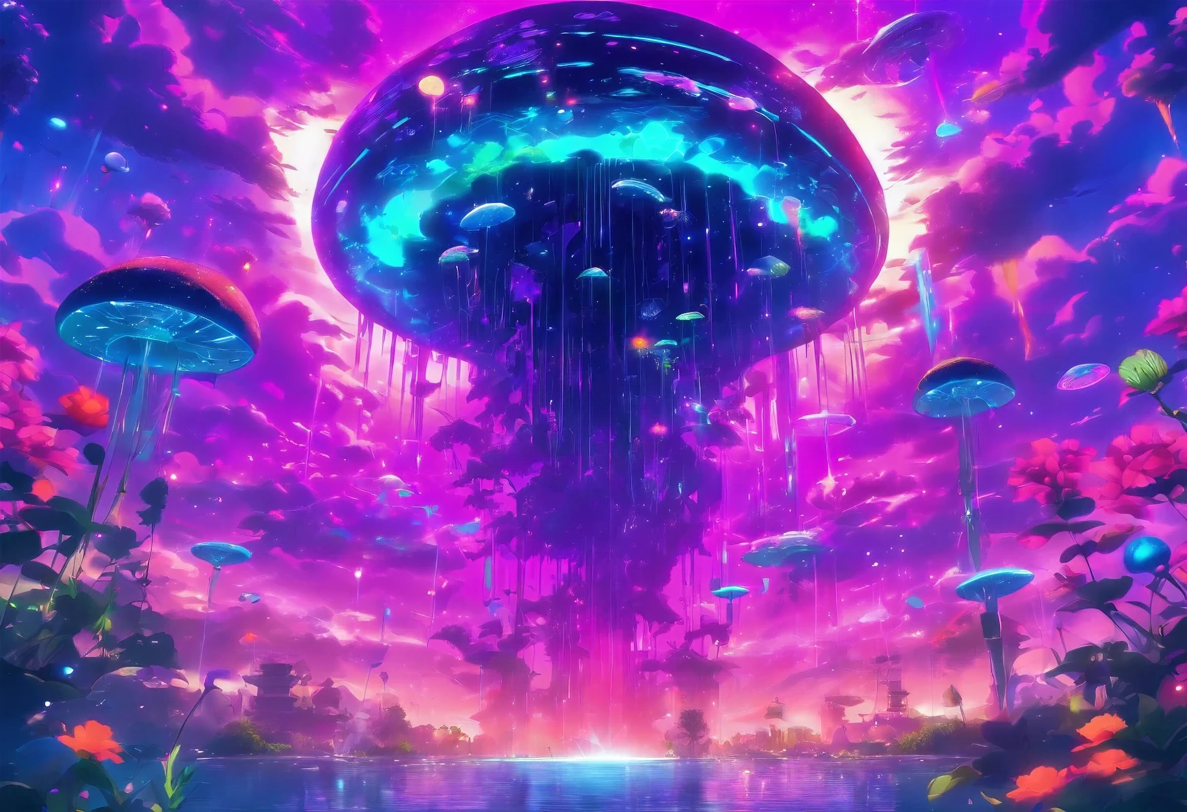 Imagine a planet year is 2251 in Chicago,
Future is beautiful, peaceful, filled with plants and strange abstract neon flowers all over, sunset has planets in the sky, colorful purple, neon green and orange, cyberpunk style, widescreen 8k, hyper realistic, reflection of water, with floating jellyfish and large mushrooms, large roses, with a huge ufo flying in the sun. Music is playing, water is dripping
