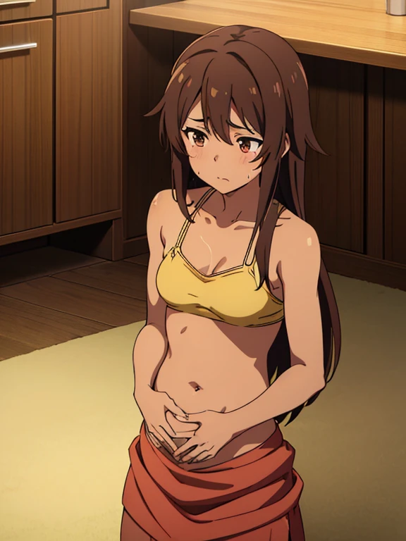 (masterpiece, top quality, best quality) brown skin anime girl in a v-neck lowcut cami, famished in hunger, (gently resting hands on stomach), (sweating), (long hair), (hands on her stomach), NO NSFW