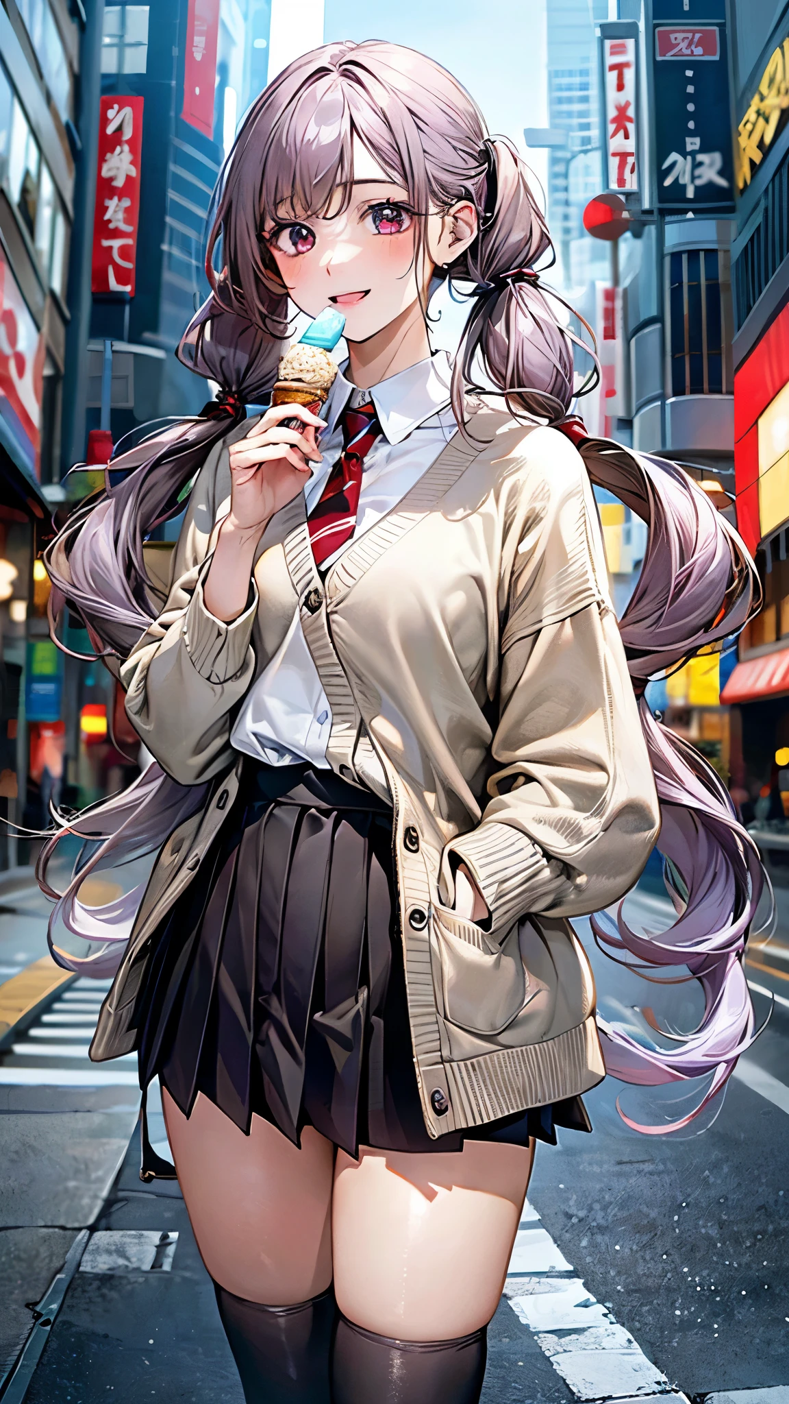 (masterpiece:1.2, top-quality, ultra high res, ultra detailed), (realistic, photorealistic:1.4), beautiful illustration, (natural side lighting, movie lighting),
looking at viewer, full body, 1 girl, japanese, high school girl, perfect face, (perfect anatomy), cute and symmetrical face, baby face, shiny skin, slender,
(long hair:1.5, low twintails:1.5, light purple hair), swept bangs, gold eyes, drooping eyes, big eyes, long eye lasher, (medium breasts),
beautiful hair, beautiful face, beautiful detailed eyes, beautiful clavicle, beautiful body, beautiful chest, beautiful thigh, beautiful legs, beautiful fingers,
((detailed cloth texture, long sleeves light brown cardigan:1.4, light grey pleated skirt, white collared shirt), dark red tie, white thigh-high),
(beautiful scenery), day time, (downtown) walking, ((eating ice cream)), (happy smile, open mouth),