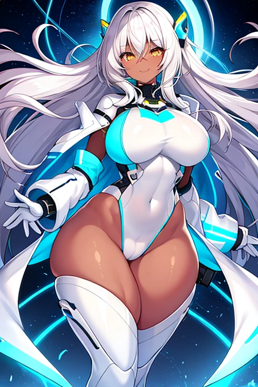 1girl, dark skin, dark-skinned female, white hair, long hair, yellow eyes, large breasts, breasts, thick thighs, wide hips, mature female, milf, tall, tall female, toned, toned female, smile, futurustic, science-fiction, machinery, tech, white clothes, white bodysuit, bodysuit, neon trim, neon, neon lights,