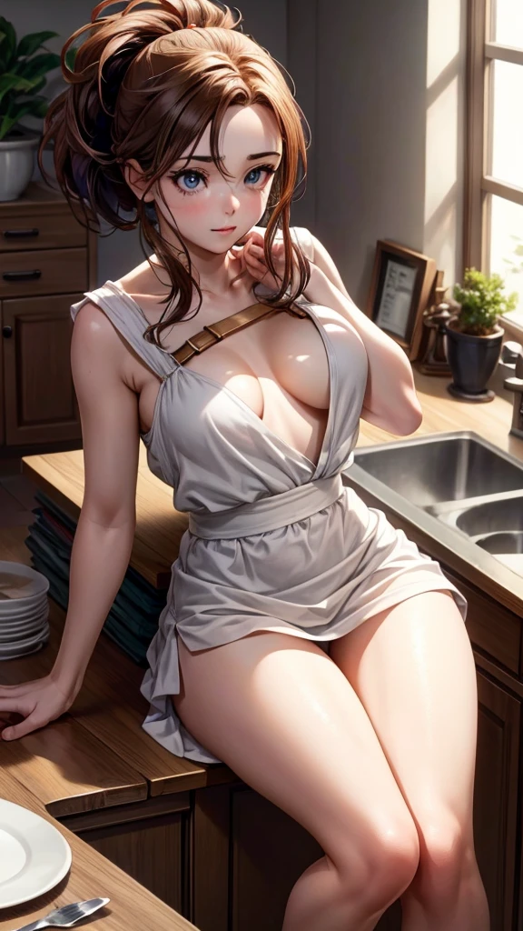 sksbrooke person, sksbrooke, (masterpiece:1.2), (best quality:1.2), perfect eyes, perfect face, 1girl, solo, brown eyes, (medium breasts), perky breasts, kitchen background, sitting down, legs spread apart